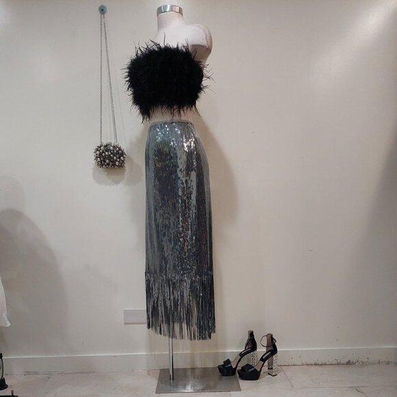 ๐ฅSHOWSTOPPER!๐ฅLulus 1920's Flapper Style Silver Sequin Fringe Pencil Skirt - Picture 8 of 16